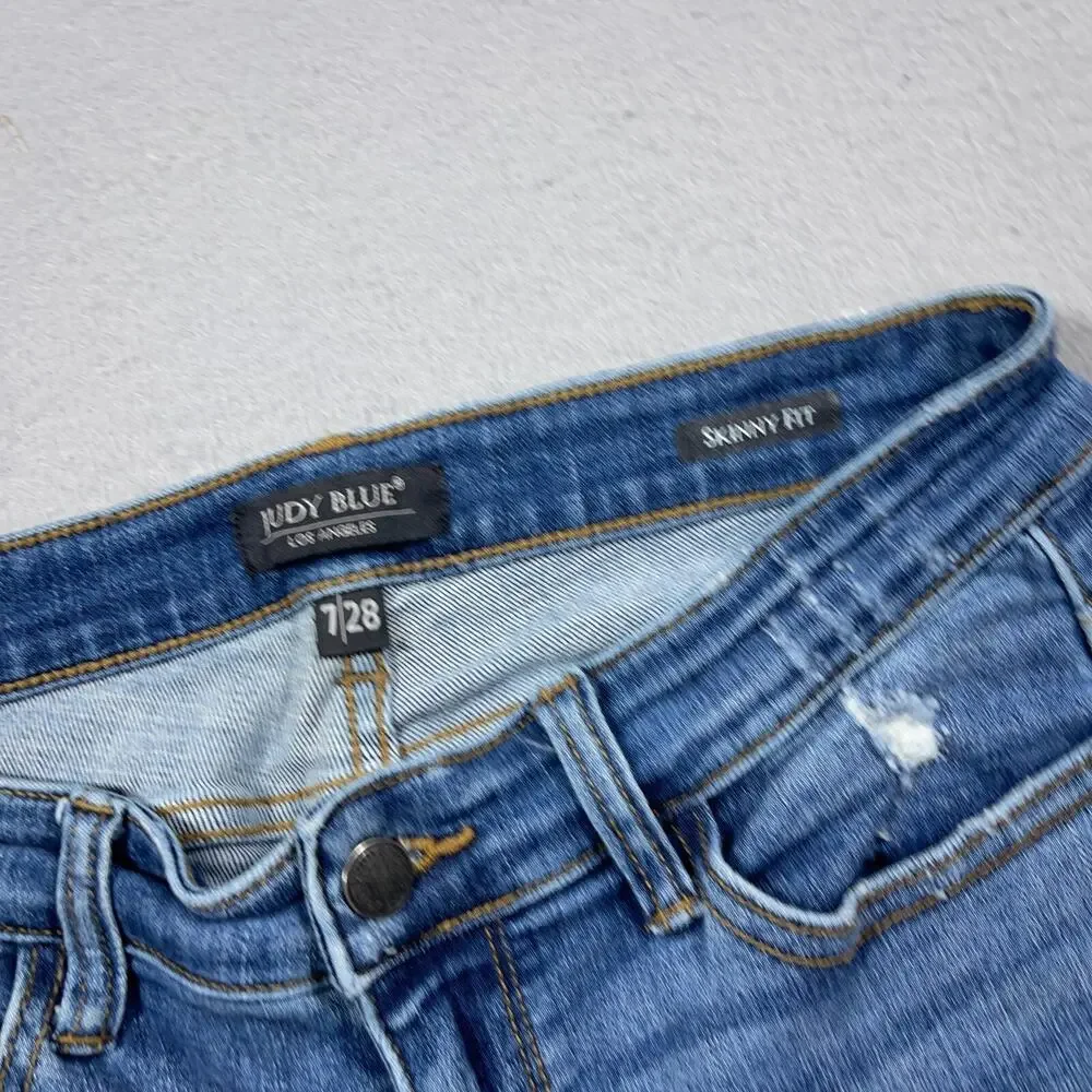 Judy‎ Blue Jeans Womens 7/28  Skinny Fit Distressed Plaid Patch Medium Wash